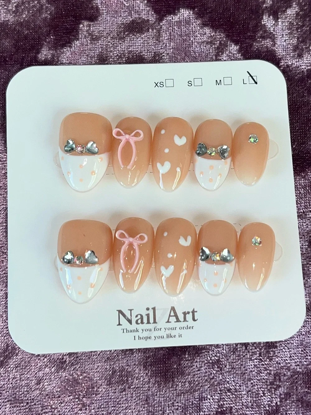 Peach & White Rhinestone Press-On Nail Set